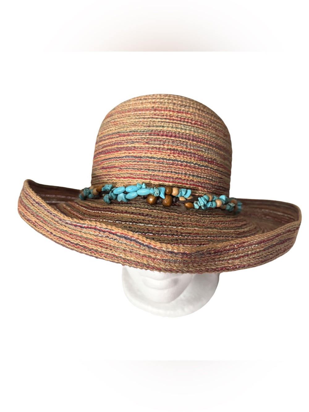 Island Beach Women’s Striped Woven Bucket Hat Boho Hat Turquoise Beaded Band
